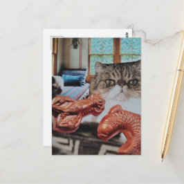 ロブスターと魚のコラージュを持つかわいい子猫 ポストカード