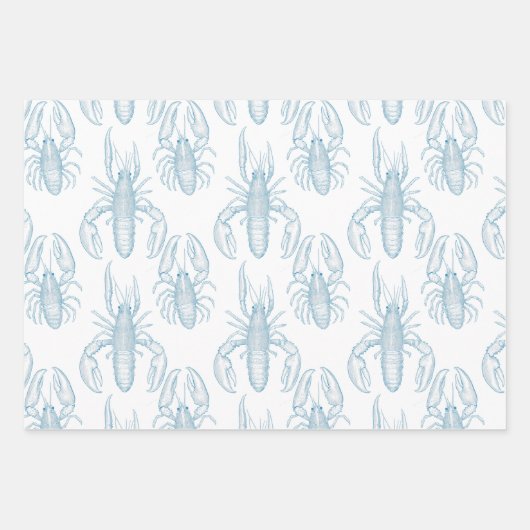 ロブスターのライトブルー線スケッチ ラッピングペーパーシート (正面2)