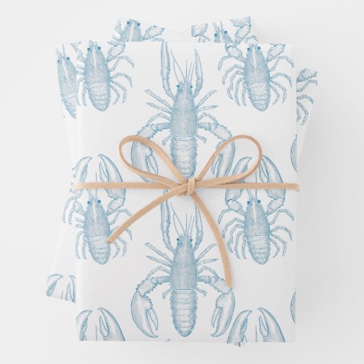 ロブスターのライトブルー線スケッチ ラッピングペーパーシート (インサイチュ)
