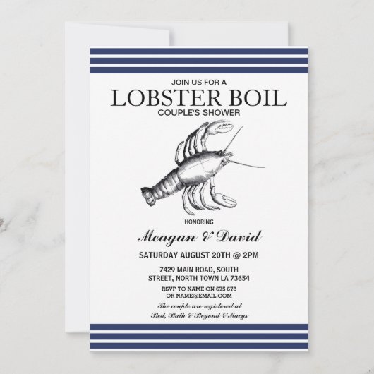 ロブスターの沸騰婚約パーティのストライプの青いビーチ 招待状 (正面)