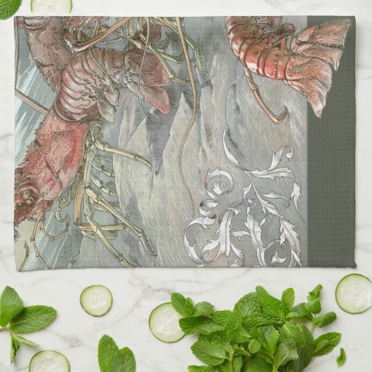 ロブスターの海、ヴィンテージアールヌーボー キッチンタオル (折り畳み)