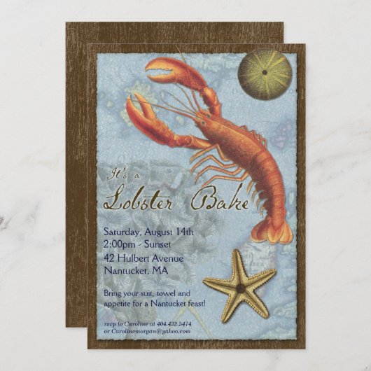 ロブスターは-ビーチのパーティー焼けます-海岸で… 招待状 (正面/裏面)