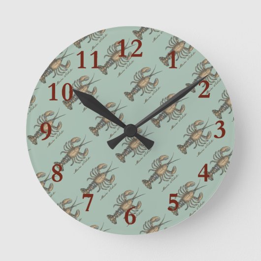 ロブスターイラストレーションアンティークメインシーフード ラウンド壁時計 (正面)