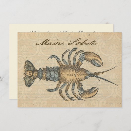 ロブスターイラストレーションアンティークメインシーフード 招待状 (正面/裏面)