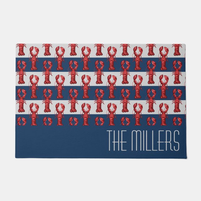 ロブスターオンネイビ航海のーブルー&グレーストライプ ドアマット (正面)