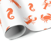 ロブスターカニ海馬ホワイトオレンジパターン沿岸 ラッピングペーパー (ロールコーナー)