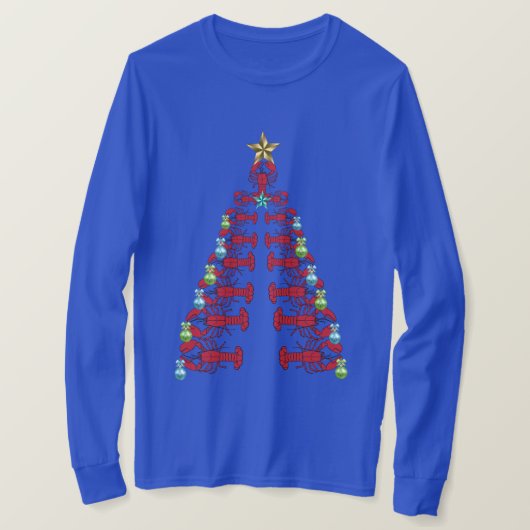 ロブスタークリスマスツリーかわいいパーティー醜いシャツ青 Tシャツ (デザイン正面)