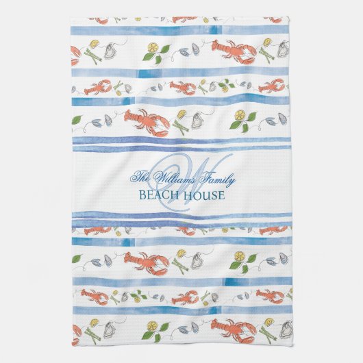ロブスターネームモノグラム航海のビーチレンタルハウス キッチンタオル (縦)