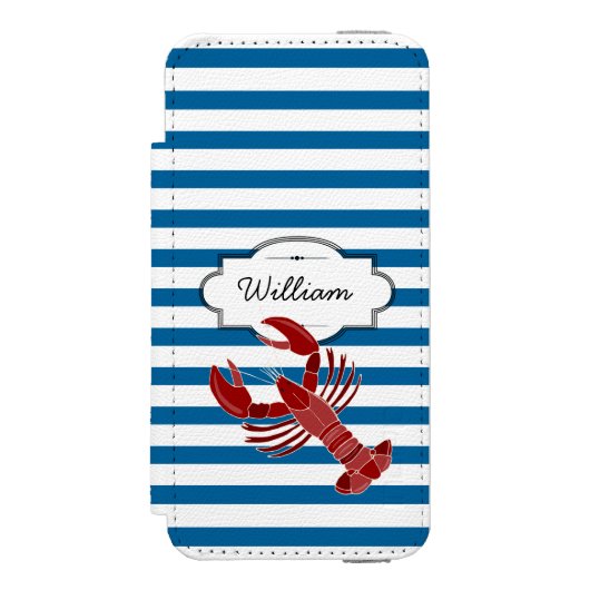 ロブスターパーソナライズされたブルーとホワイトストライプ INCIPIO iPhoneウォレットケース (フォリオ 正面)