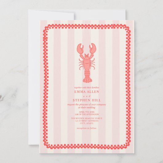 ロブスターピストライプンクチェッ航海のカー結婚ボード 招待状 (正面)