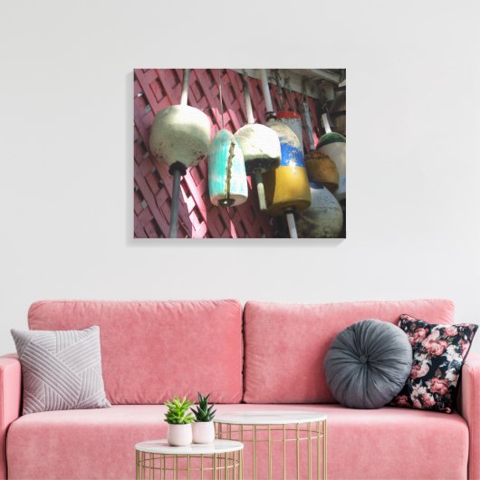 ロブスターブイ・オン・ピンク・ラティス – Martha's Vinyard キャンバスプリント (インサイチュ (リビング))