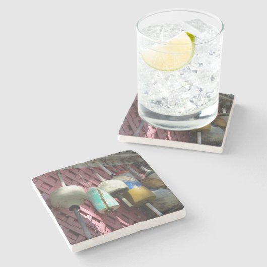 ロブスターブイ・オン・ピンク・ラティス – Martha's Vinyard ストーンコースター (横)