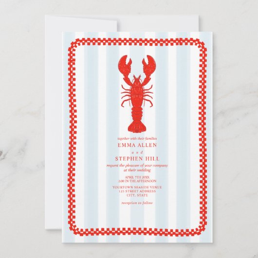 ロブスターブルーストライプチェッカ航海のボ結婚ード 招待状 (正面)