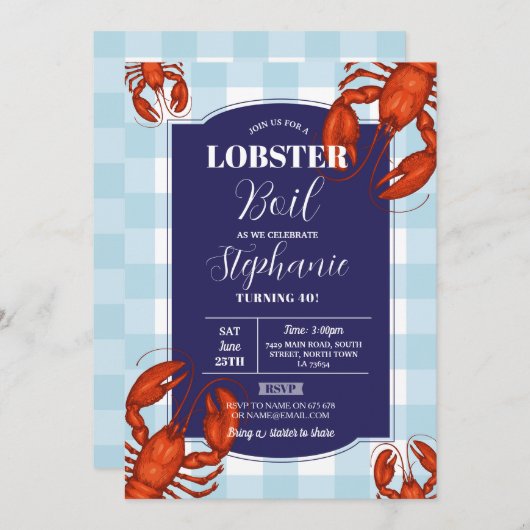 ロブスターボイルバースデーパーティー海軍シーフード 招待状 (正面/裏面)
