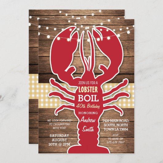 ロブスターボイルBBQ任意の年齢の誕生日パーティクロフィッシュ 招待状 (正面/裏面)