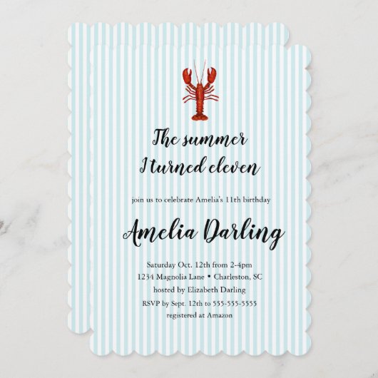 ロブスター名門私立校風のブルーストライプの夏IターンEleven 招待状 (正面/裏面)