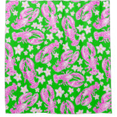 ロブスター名門私立校風の花桃色グリーン模様 シャワーカーテン (正面)