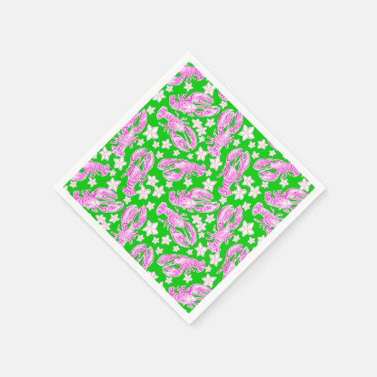 ロブスター名門私立校風の花桃色グリーン模様 スタンダードカクテルナプキン (角)