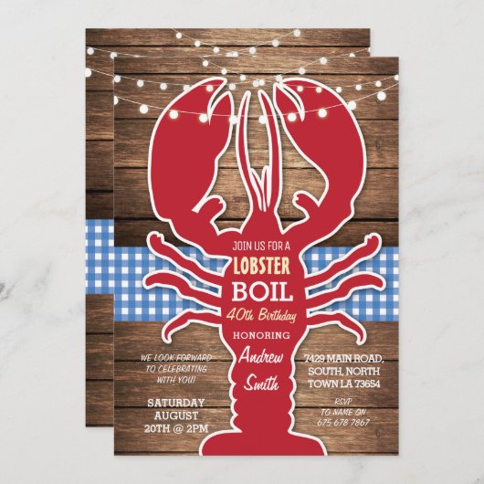 ロブスター沸騰BBQ任意の年齢の誕生日パーティー貝 招待状 (正面/裏面)