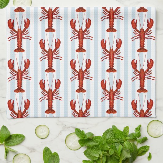 ロブスター絵を描ズ航海のブルーストライプ沿岸 キッチンタオル (折り畳み)