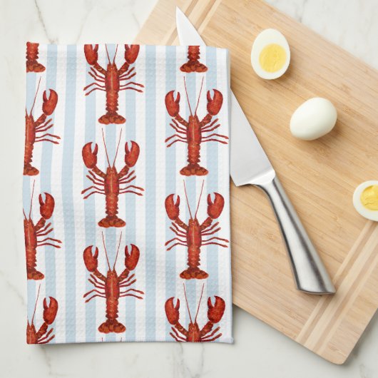 ロブスター絵を描ズ航海のブルーストライプ沿岸 キッチンタオル (四つ折り)