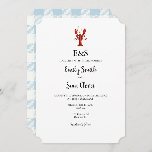 ロブスター航海のズ結婚モノグラムブルーギンガム 招待状 (正面/裏面)