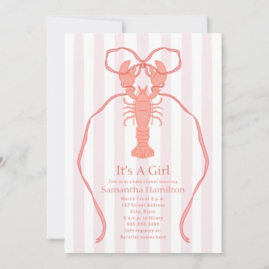 ロブスター航海のピンクボウ女の子の赤ちゃんシャワー 招待状 (正面)