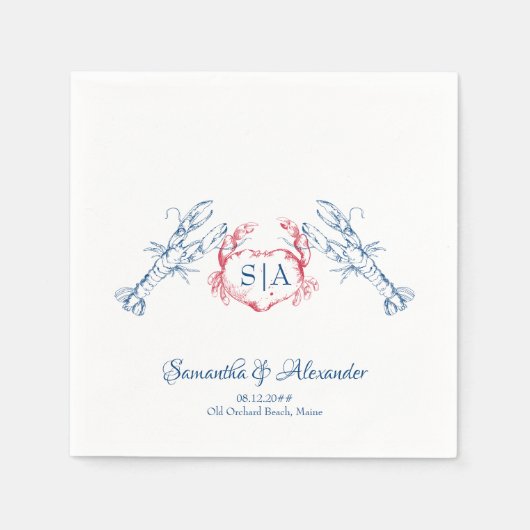 ロブスター航海のモノグラム脚海軍結婚ズ スタンダードカクテルナプキン (正面)