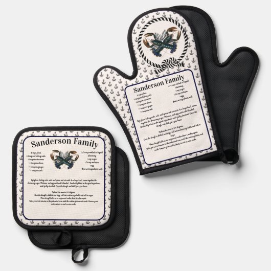 ロブスター航海のレシピテンプレートいかりパターン 鍋つかみ&鍋敷きセット (正面/裏面)