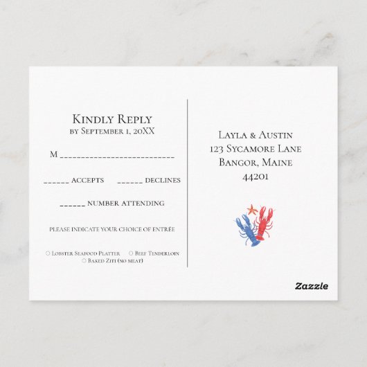 ロブスター航海のレッド、ブルーウェディングRSVP ポストカード (裏面)