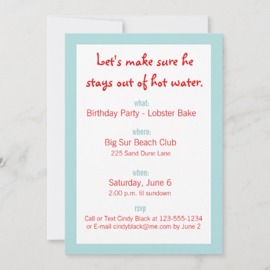 ロブスター誕生日パーティーの招待 招待状 (裏面)
