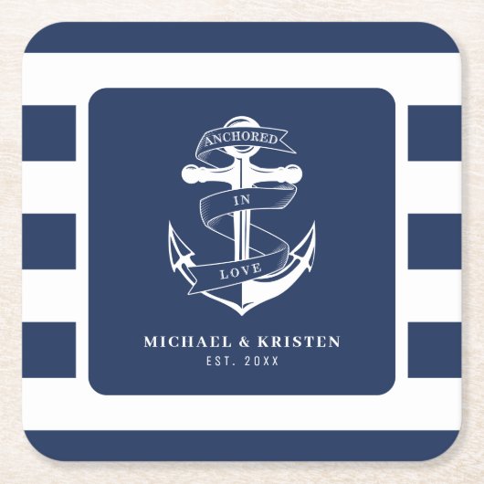 ロブブルー航海のいかりにアンカーストライプの スクエアペーパーコースター (正面)