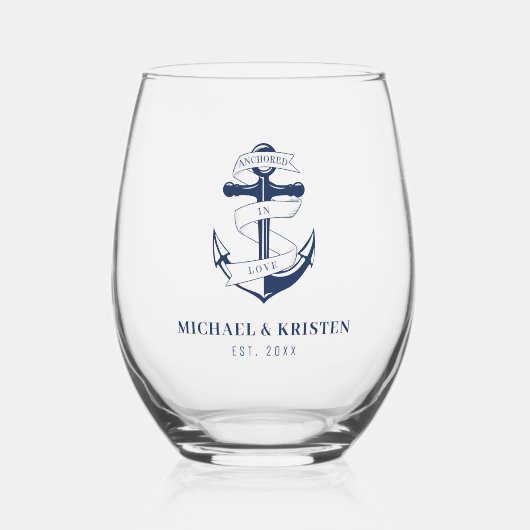 ロブブルー航海のいかり結婚にアンカー ステムなしワイングラス (正面)