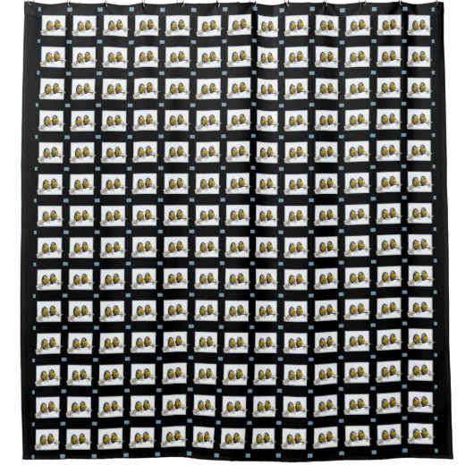 ロベバードさくらんぼ花咲き枝スクエアブラック シャワーカーテン (正面)