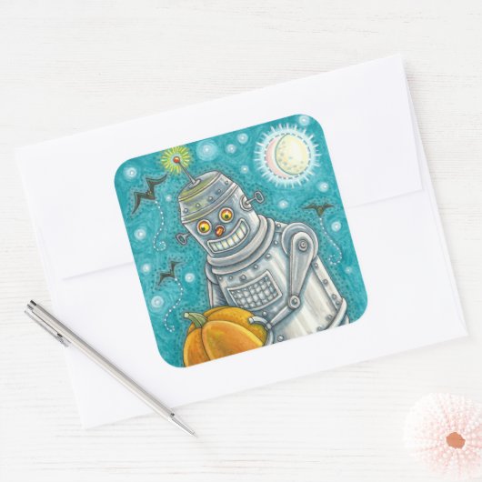 ロボットがカボチャを摘み取る,ハロウィーンのメカニカルマン スクエアシール (封筒)