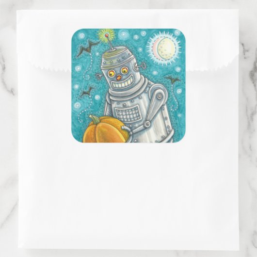 ロボットがカボチャを摘み取る,ハロウィーンのメカニカルマン スクエアシール (バッグ)