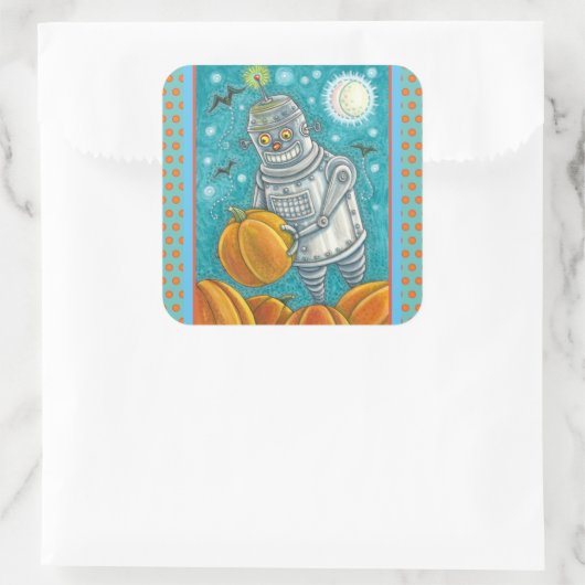 ロボットがカボチャを摘み取る,ハロウィーンのメカニカルマン スクエアシール (バッグ)