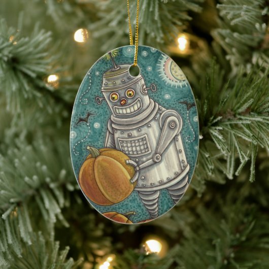 ロボットがカボチャを摘み取る，ハロウィーンのメカニカルマン セラミックオーナメント (ツリー)