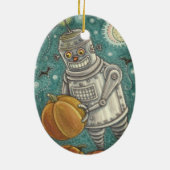 ロボットがカボチャを摘み取る，ハロウィーンのメカニカルマン セラミックオーナメント (裏面)