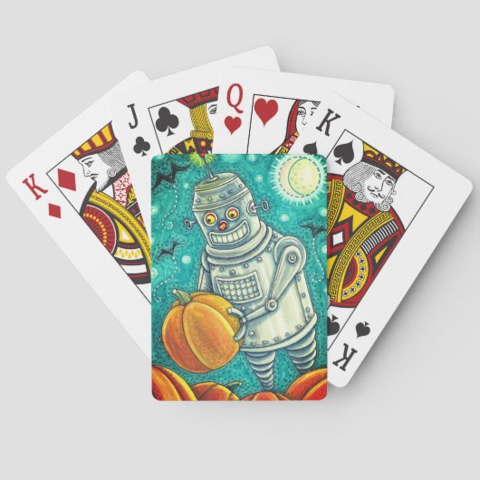 ロボットがカボチャを摘み取る，ハロウィーンのメカニカルマン トランプ (裏面)