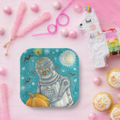 ロボットがカボチャを摘み取る，ハロウィーンのメカニカルマン ペーパープレート (パーティー)