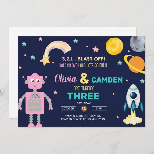 ロボットと宇宙ロケット兄弟姉妹の招待。 招待状 (正面/裏面)