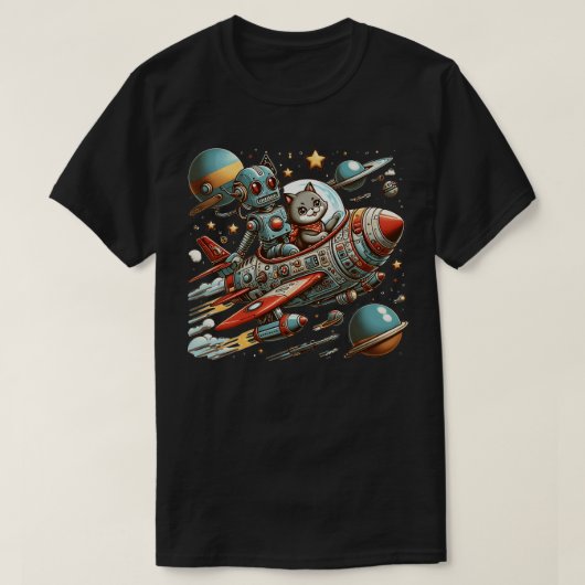 ロボットと猫ロケットに乗る Tシャツ (デザイン正面)