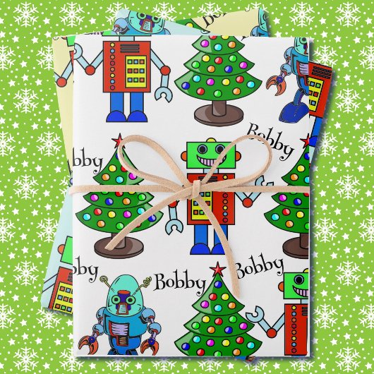 ロボットのクリスマス少年の名前を追加かわいい ラッピングペーパーシート
