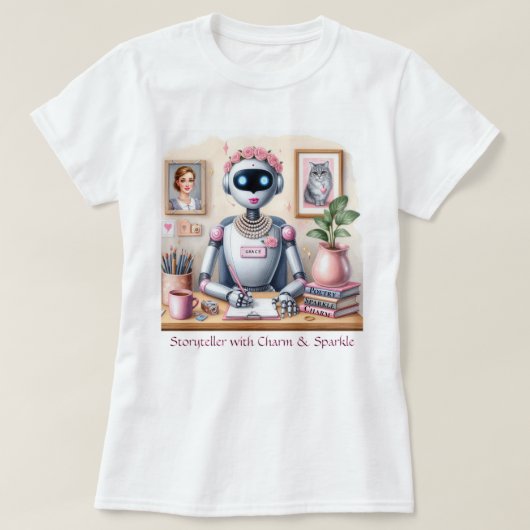 ロボットのグレイスストーリーテラー詩チャームスパークルピンク Tシャツ (デザイン正面)