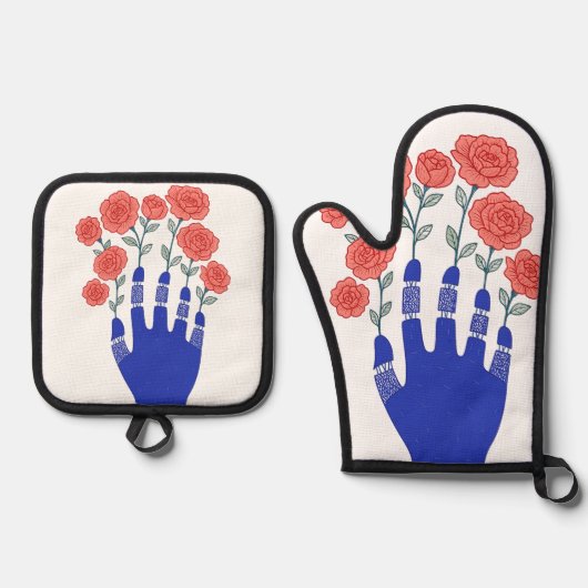 ロボットの手で咲くバラ作品 鍋つかみ&鍋敷きセット (正面)