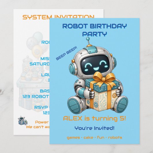 ロボットの誕生日パーティー招待状 少年 テクノロジー ビープビープ 招待状 (正面/裏面)