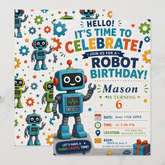ロボットの誕生日パーティー 招待状 (正面/裏面)
