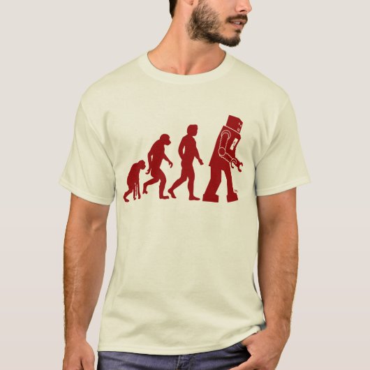 ロボットへの人のロボット進化 Tシャツ (正面)