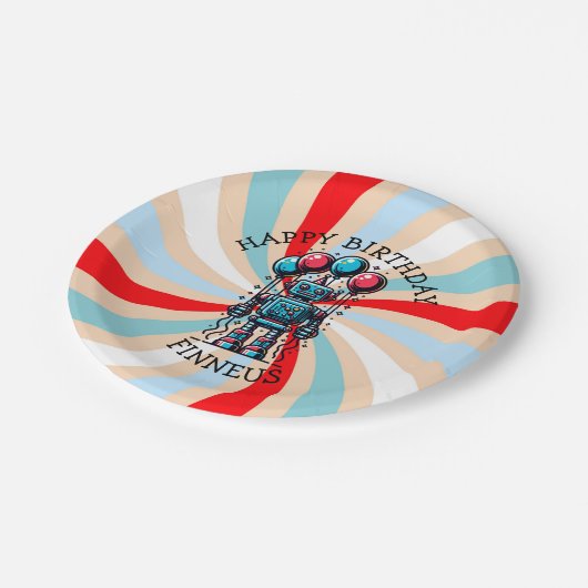 ロボットをテーマにした少年のハッピーバースデー ペーパープレート (アングル)